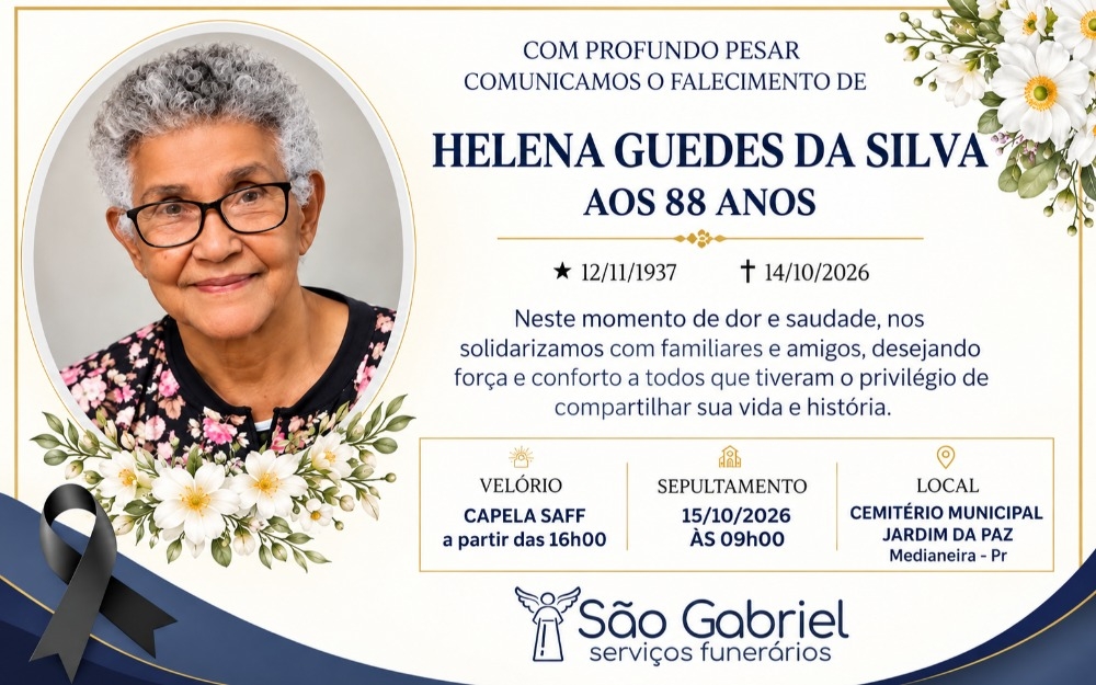 Imagem da notícia Funerária São Gabriel comunica falecimento de Helena Guedes da Silva