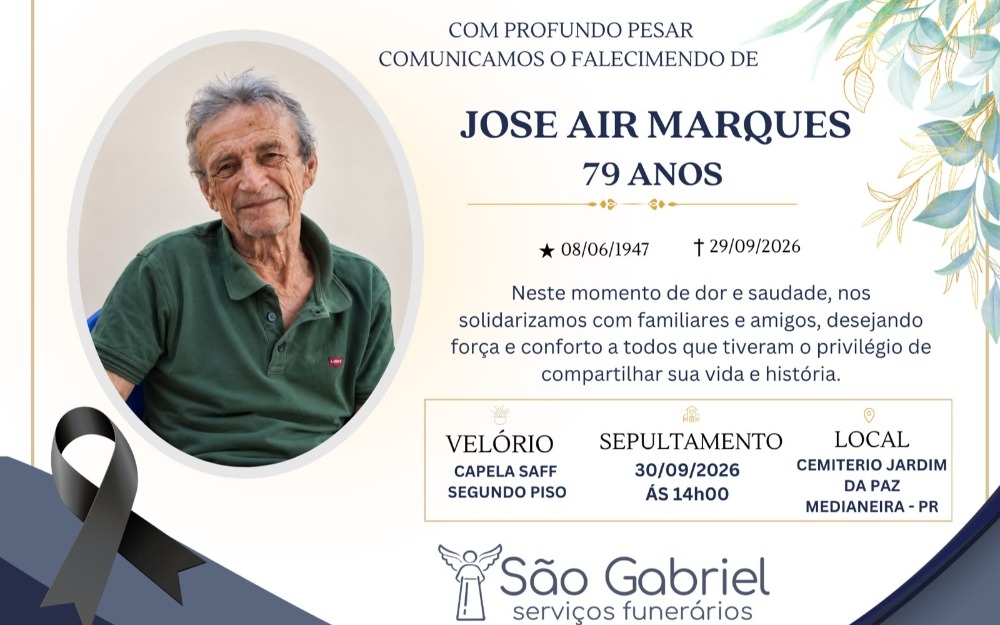 Imagem da notícia Funerária São Gabriel comunica falecimento de Jose Air Marques