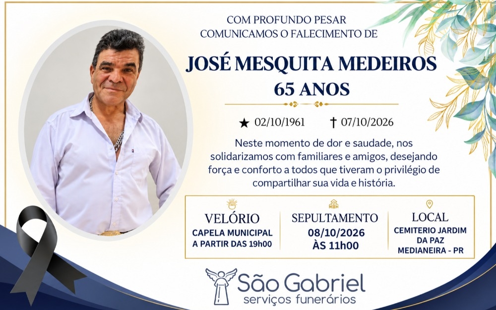 Imagem da notícia Funerária São Gabriel comunica falecimento de José Mesquita Medeiros