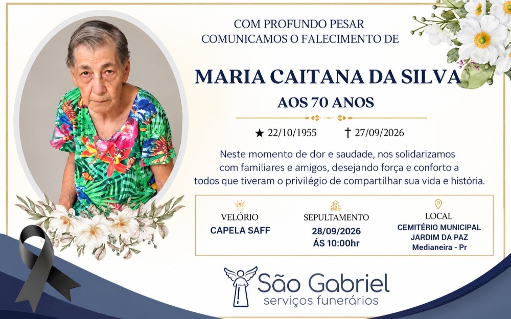 Imagem da notícia Funerária São Gabriel comunica falecimento de Maria Caitana da Silva