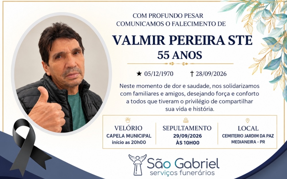 Imagem da notícia Funerária São Gabriel comunica falecimento de Valmir Pereira Ste